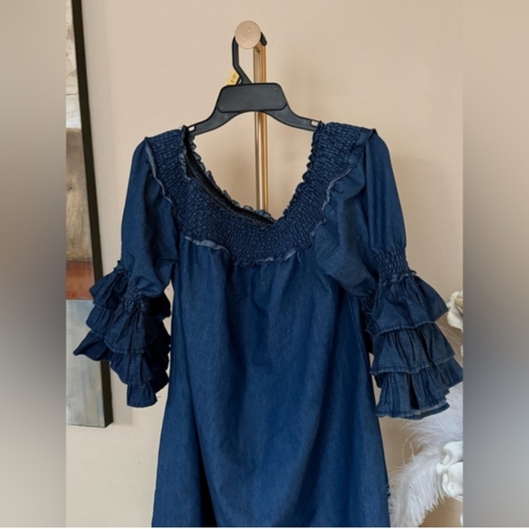 Blue Ruffled Off-Shoulder Dress - Picture 2 of 4